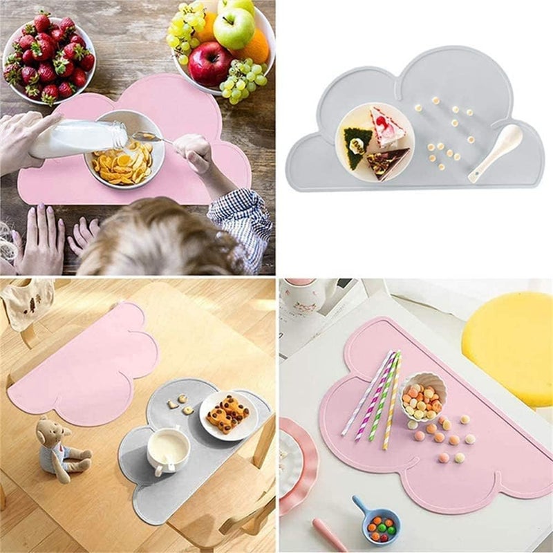Kids Place Mats, Silicone Cloud Shape Table Placemats 48 × 27cm Baby Feeding Plate, Anti Slip Heat Proof Stain Resistant Washable Toddler Tablemat, Portable Tableware, Grey And Pink, Set of 2 - Image 2